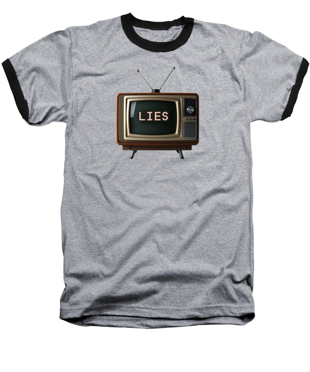 Heather gray baseball ringer T-shirt with TV graphic and 'LIES' print