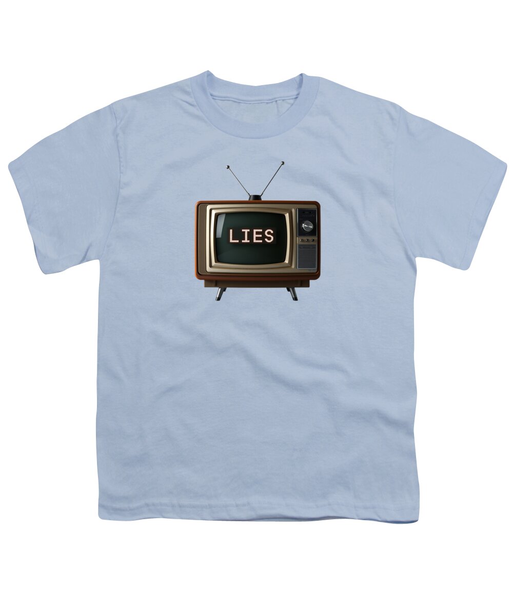 Youth T-shirt in light blue with a TV graphic and the word “LIES” on the chest