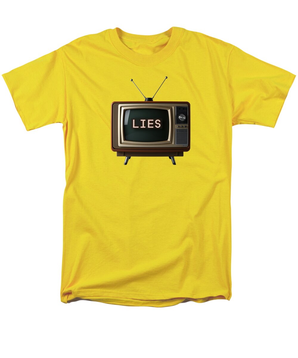 Men's regular-fit T-shirt in yellow with 'LIES' TV graphic on front