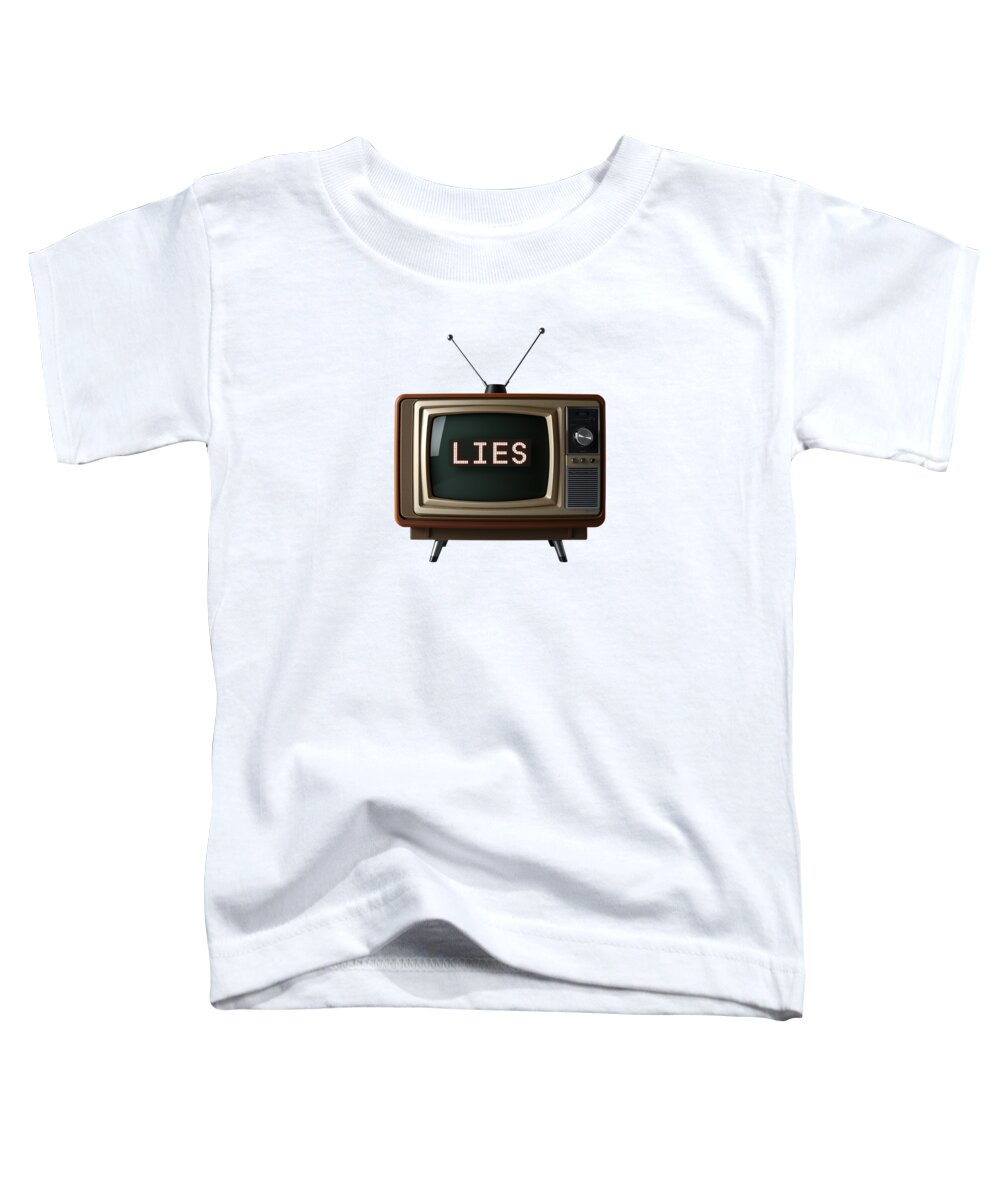 White toddler t-shirt with TV graphic and 'LIES' text