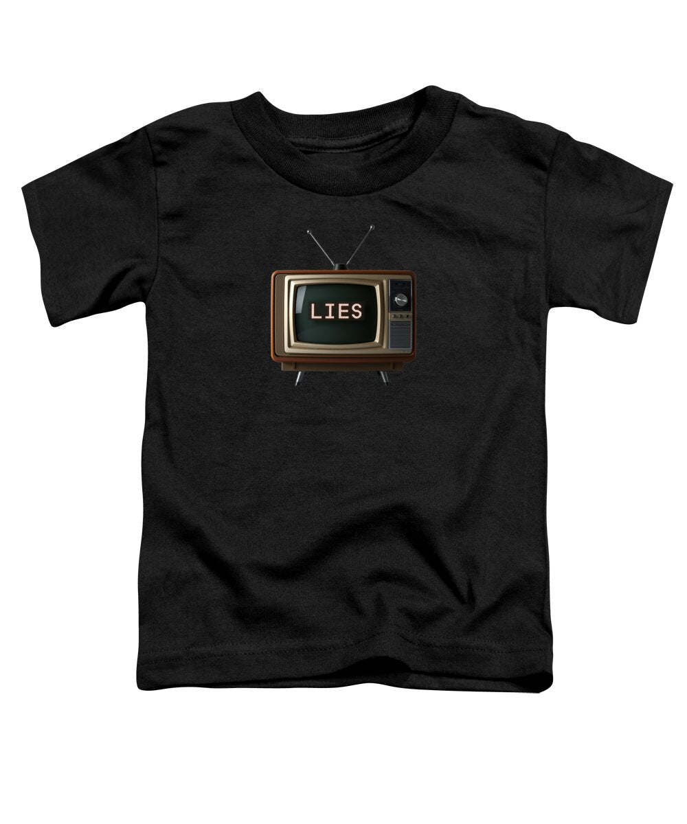 Black toddler t-shirt with front graphic of a TV screen reading “LIES”