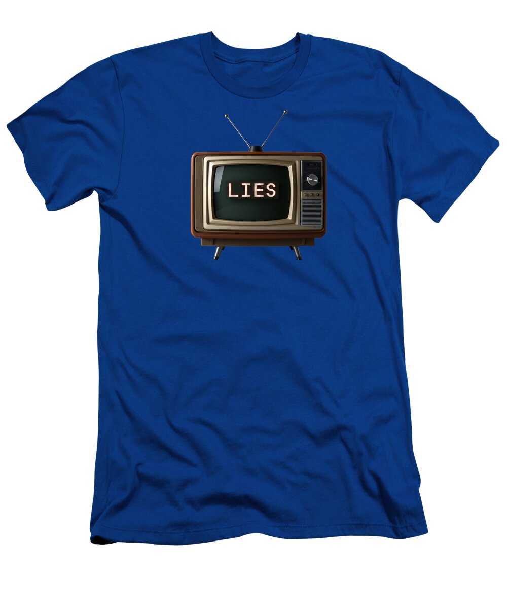 Blue graphic T-shirt with TV-style 'LIES' print
