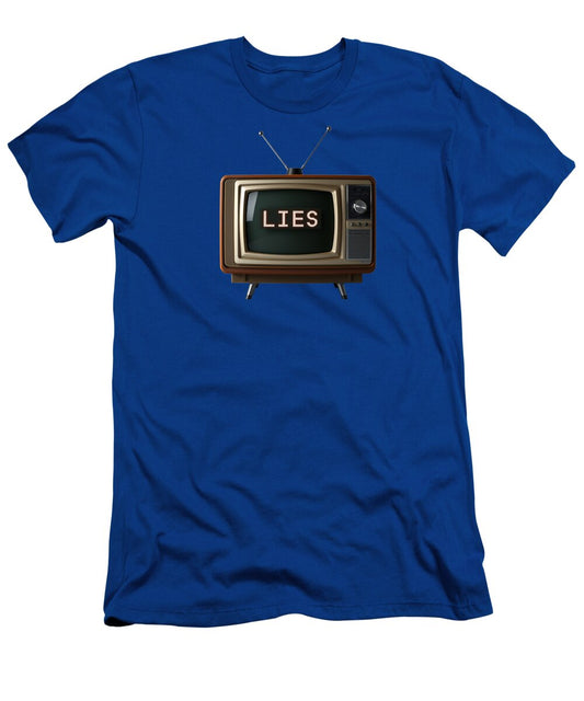 Blue graphic T-shirt with TV-style 'LIES' print