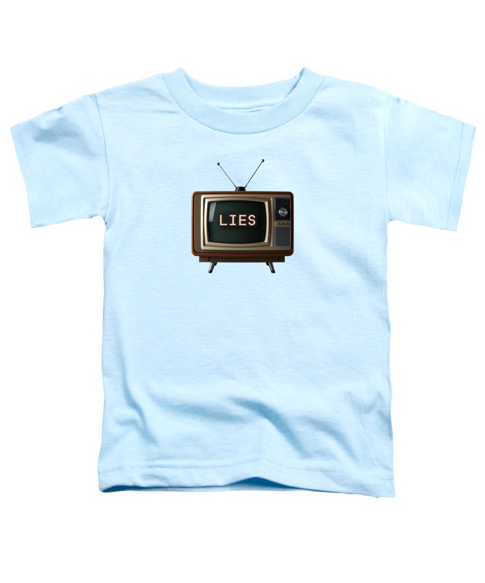Light blue toddler t-shirt with front graphic of a TV screen reading “LIES”