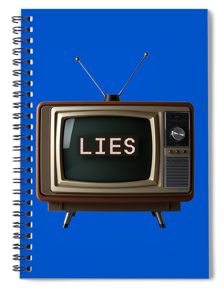 Spiral notebook with blue cover and retro TV graphic reading 'LIES'