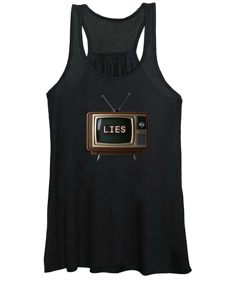 Black women's tank top with 'LIES' TV graphic at center