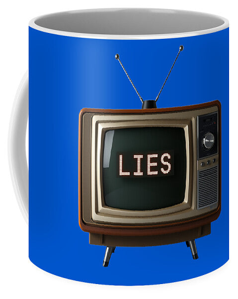 Television Lies mug, blue with retro TV graphic showing 'LIES'