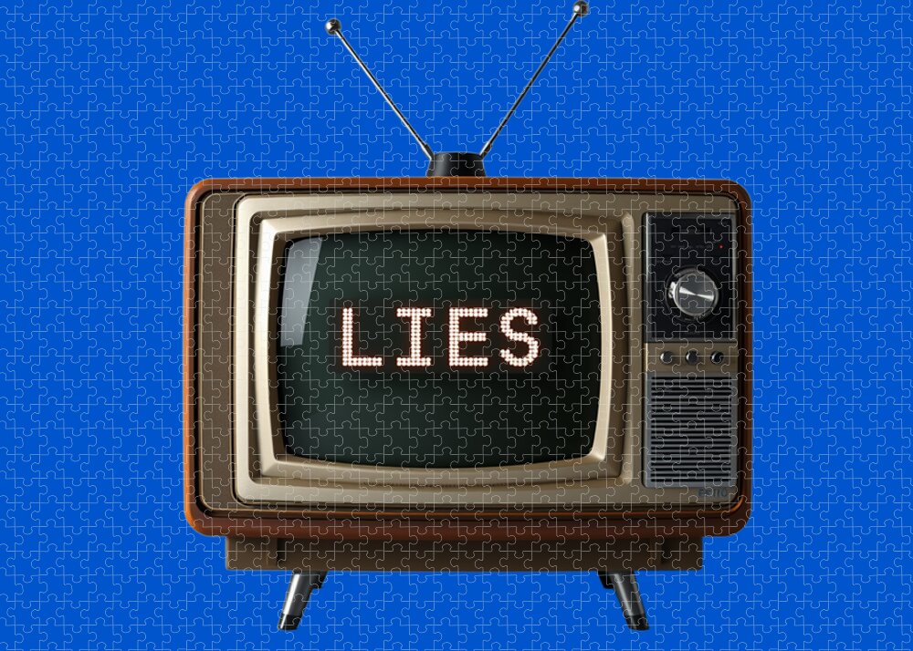 TV-shaped jigsaw puzzle with 'LIES' screen, antennas up, right dial and speaker grid