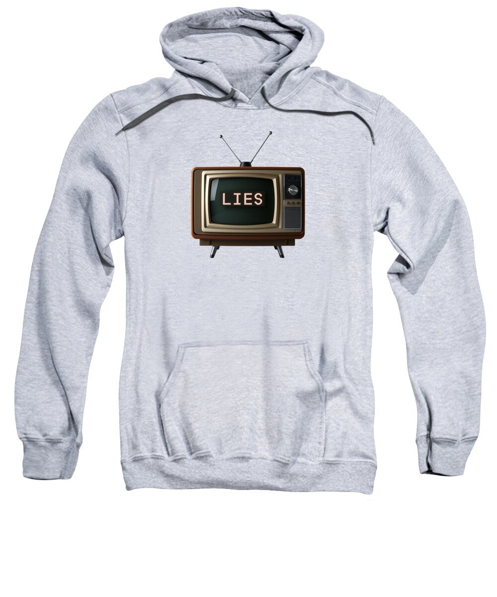 Light gray hoodie sweatshirt with front pocket and TV “LIES” graphic