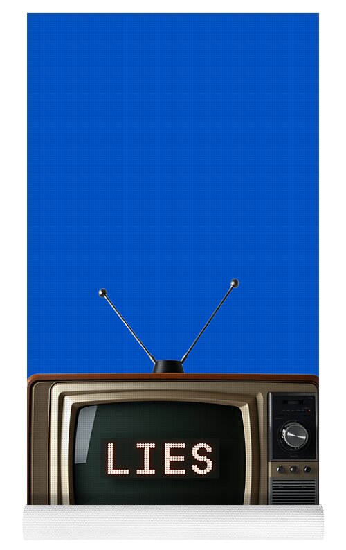 Blue yoga mat with retro TV design, LIES text across screen