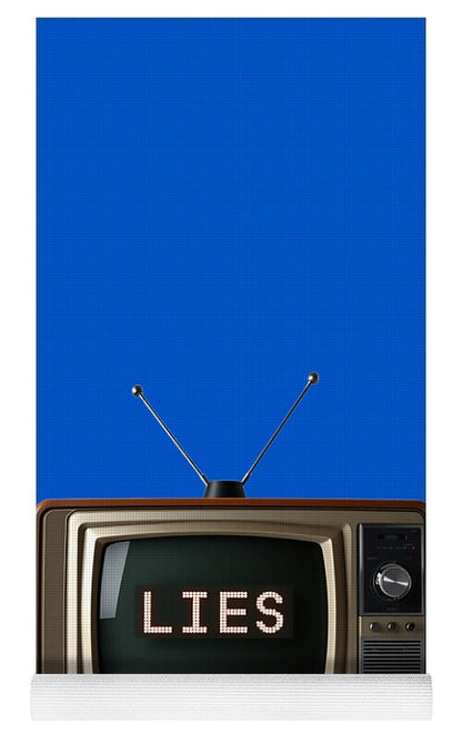 Blue yoga mat with retro TV design, LIES text across screen