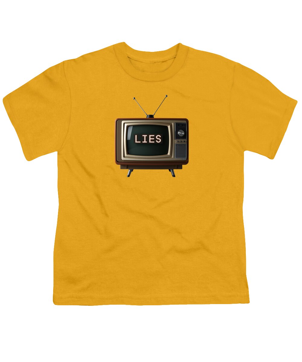 Yellow youth T-shirt with "LIES" TV graphic on front