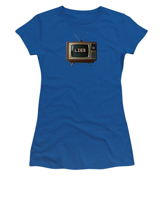 Royal blue women's T-shirt, crew neck, short sleeves, TV graphic 'LIES' front.