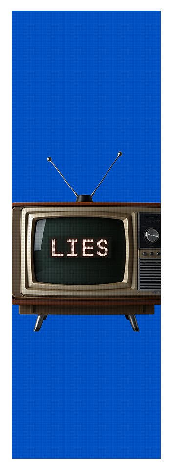 Blue yoga mat with retro TV graphic and antenna, LIES on screen