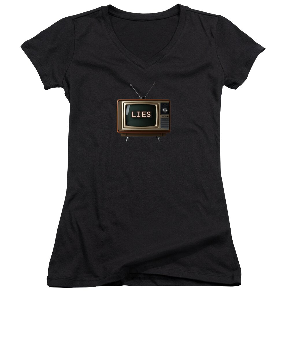 Women's black V-neck T-shirt with TV screen graphic on front