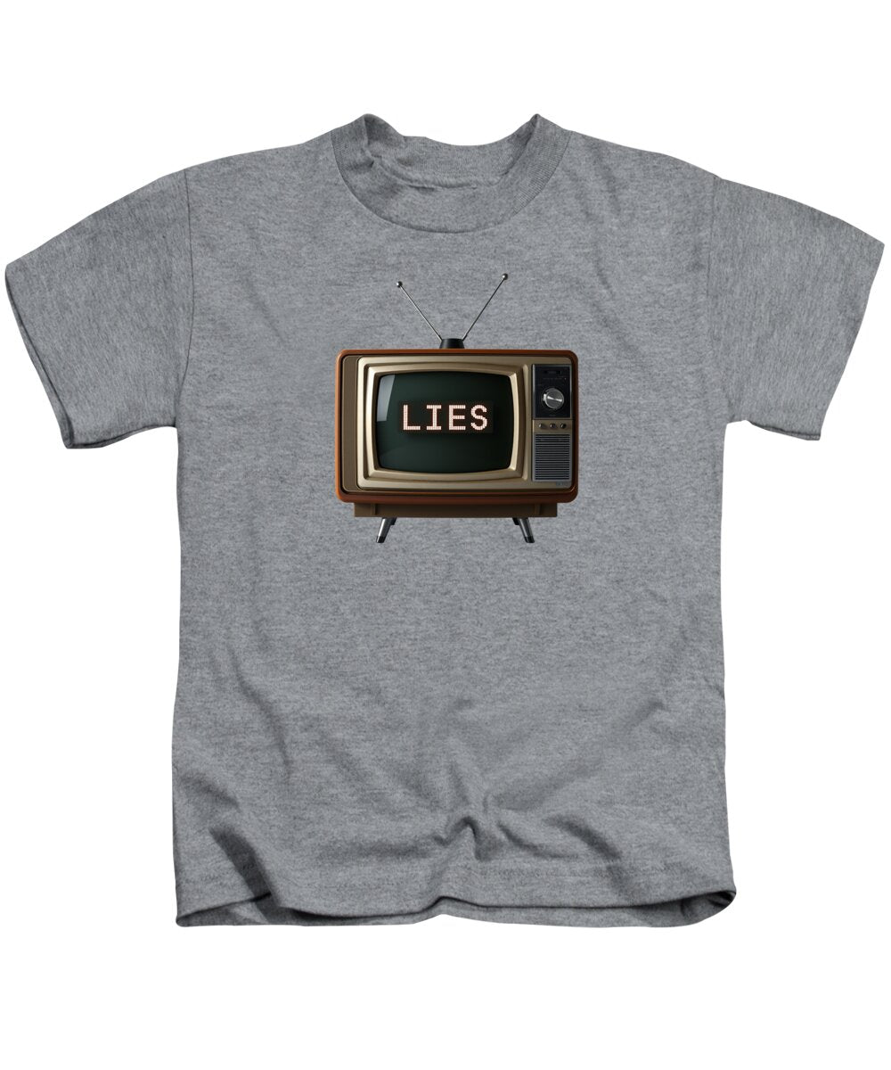 Kids T-shirt, heather gray, front graphic of retro TV with “LIES”