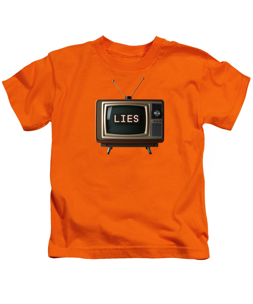 Kids T-shirt, orange, front graphic of retro TV with “LIES”