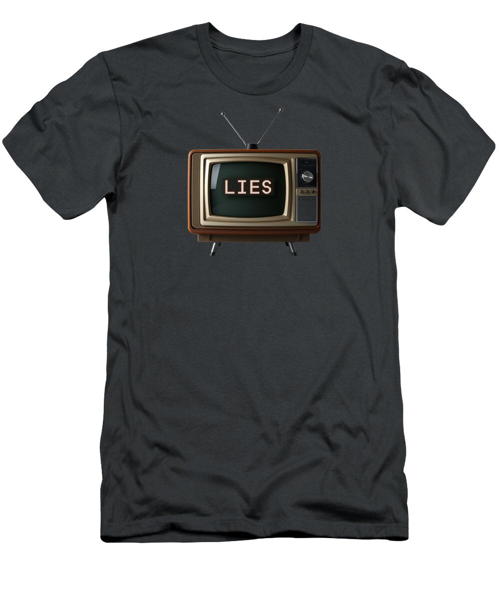 Dark gray graphic T-shirt with TV-style 'LIES' print