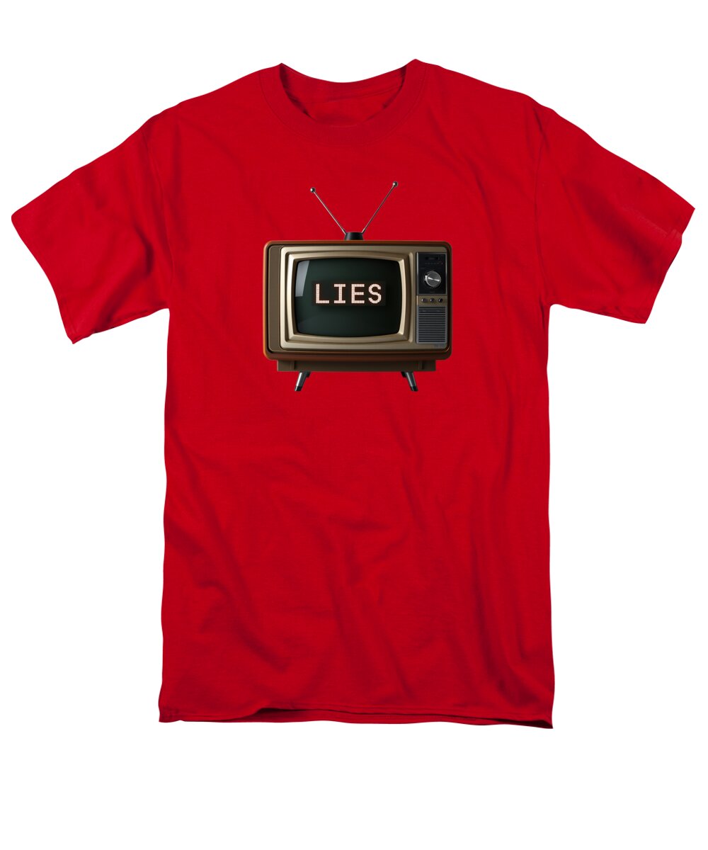 Men's regular-fit T-shirt in red with 'LIES' TV graphic on front