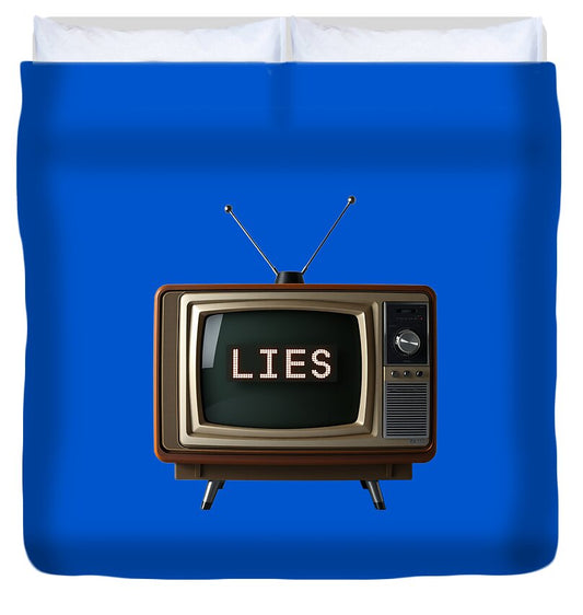 Blue duvet cover with retro TV illustration and “LIES” on the screen