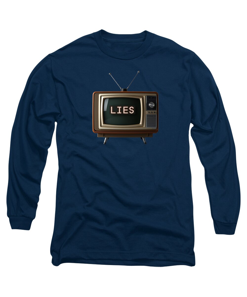 Navy long sleeve T-shirt with TV graphic and word LIES