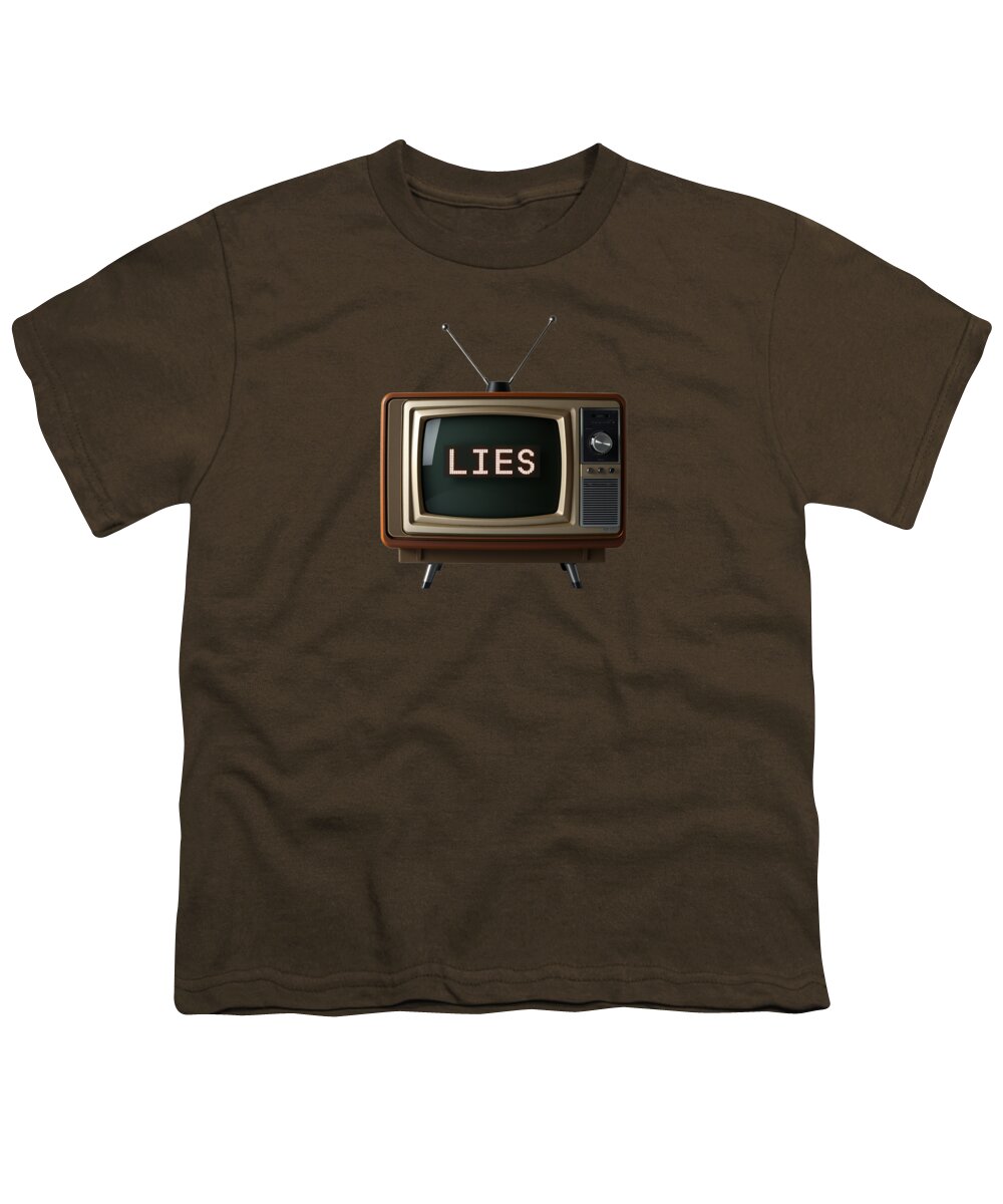 Coffee brown youth T-shirt with "LIES" TV graphic on front