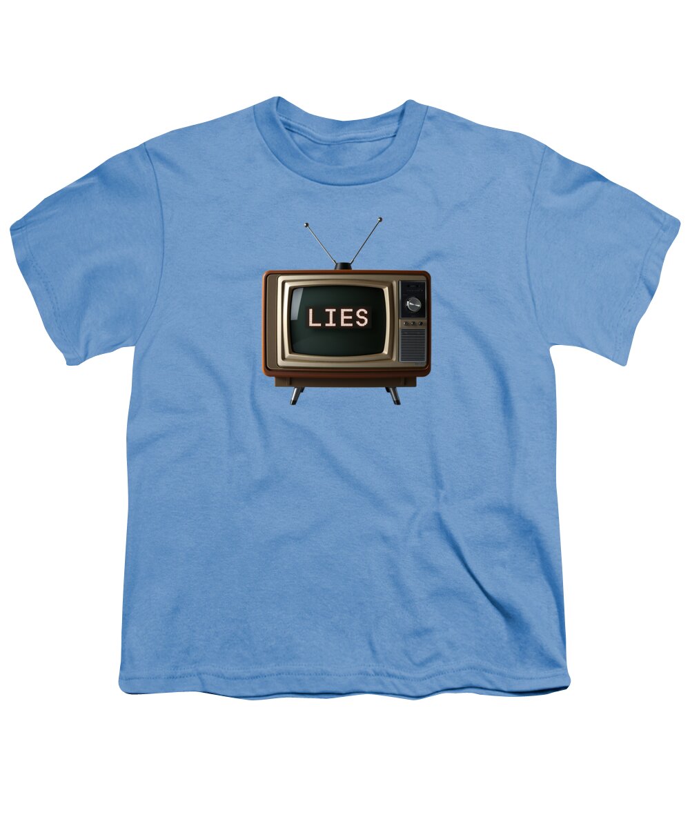 Light blue youth T-shirt with "LIES" TV graphic on front