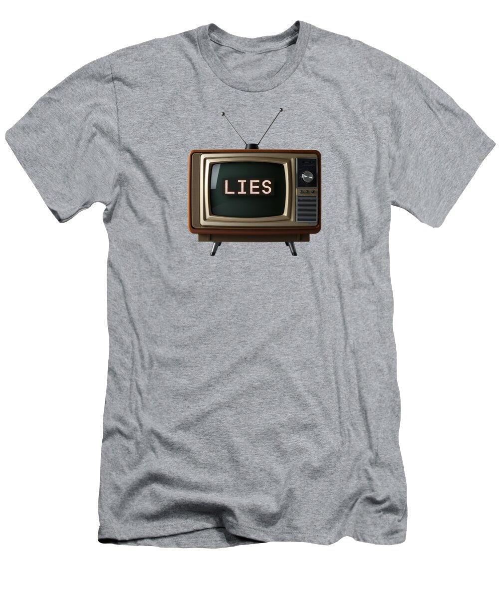 Heather gray graphic T-shirt with TV-style 'LIES' print