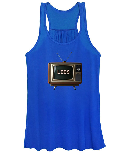 Royal blue women's tank top with scoop neck and 'LIES' TV graphic