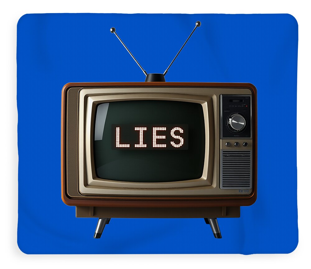 Decorative blanket with TV graphic and 'LIES' text across the screen