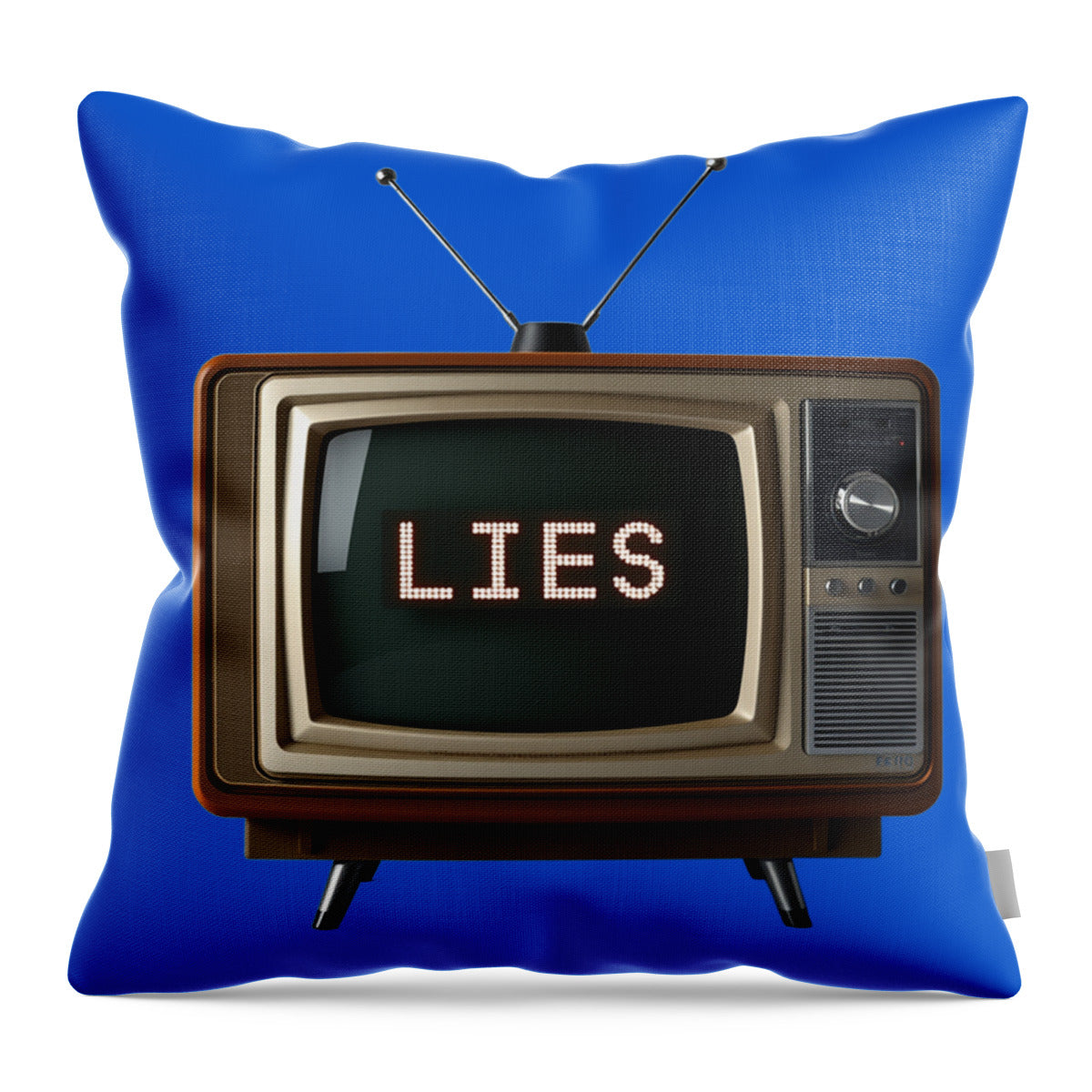 Blue throw pillow with retro TV design, antenna arms above, and “LIES” on screen