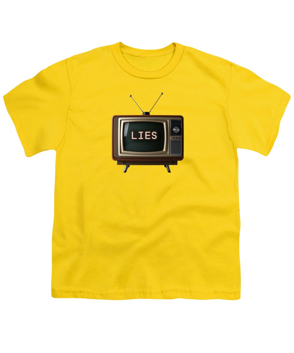 Youth T-shirt in yellow with a TV graphic and the word “LIES” on the chest