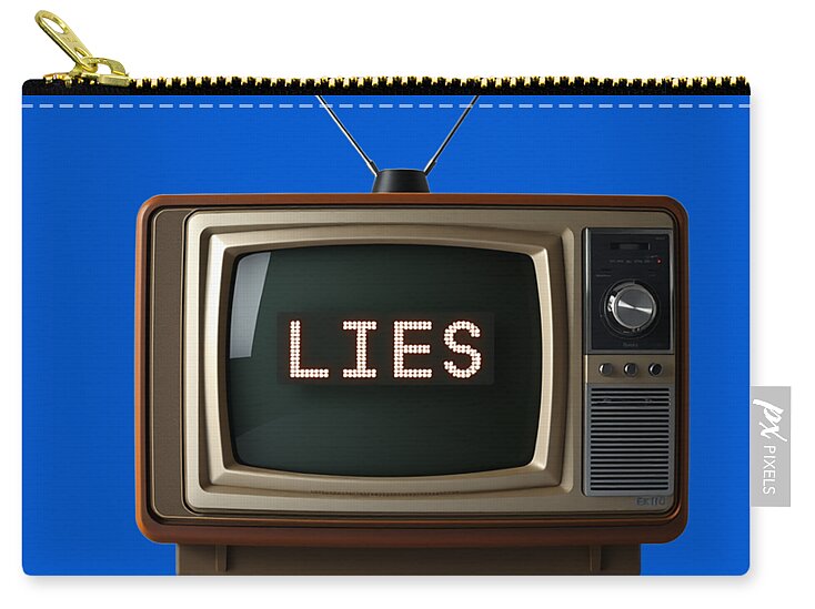 Blue zip pouch with gold zipper and TV-style front showing “LIES” on screen