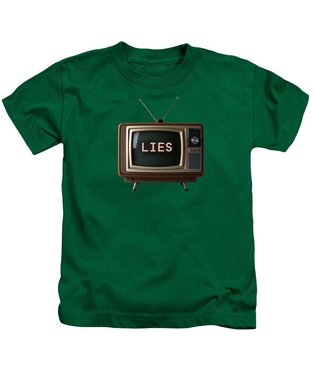 Kids T-shirt, kelly green, front graphic of retro TV with “LIES”