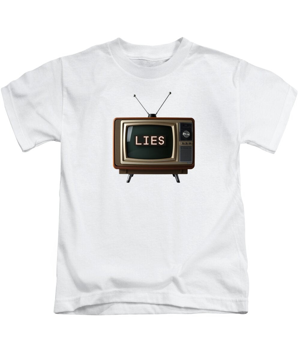 Kids T-shirt, white with TV graphic and text LIES