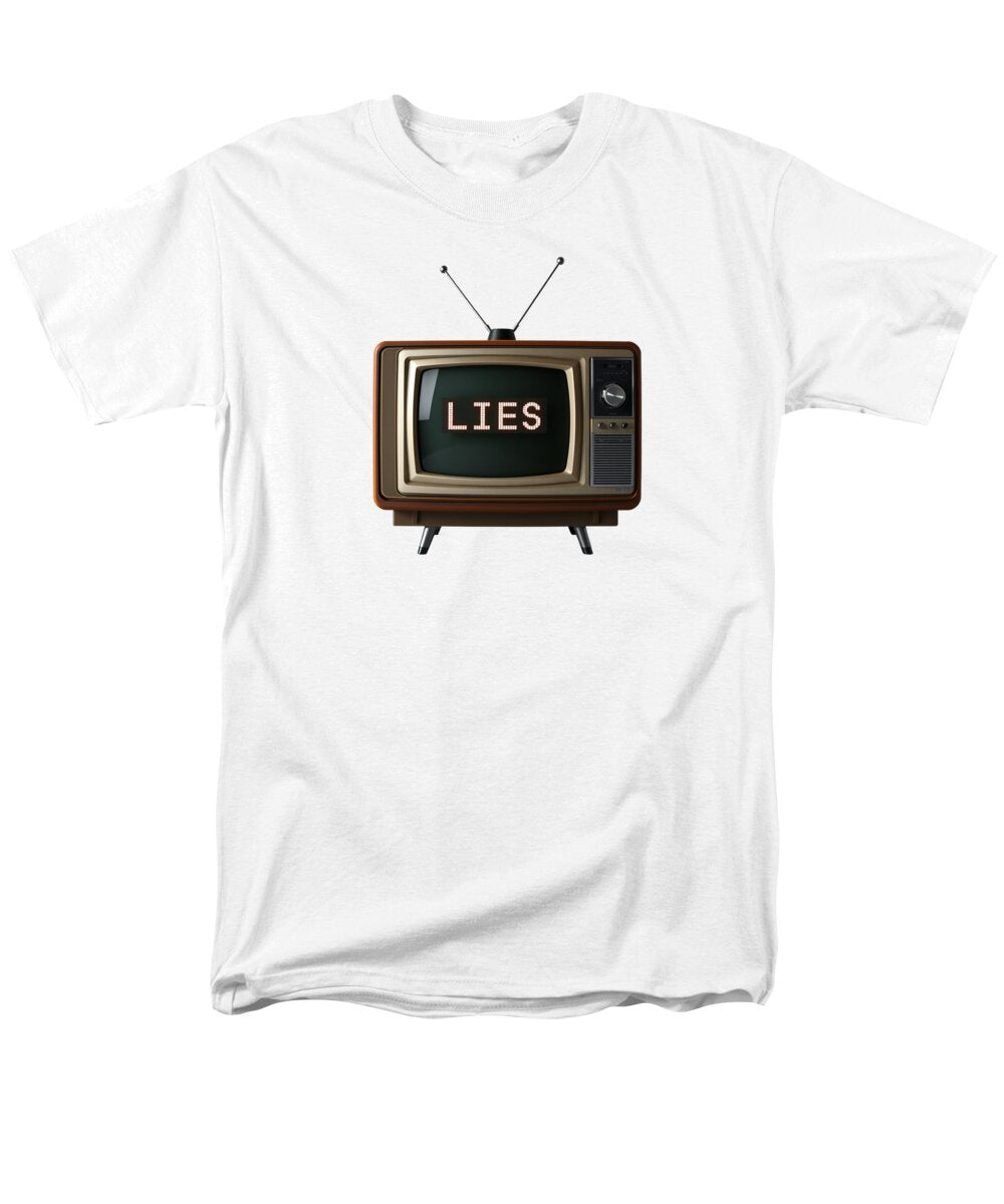 Men's regular-fit T-shirt in white with 'LIES' TV graphic on front