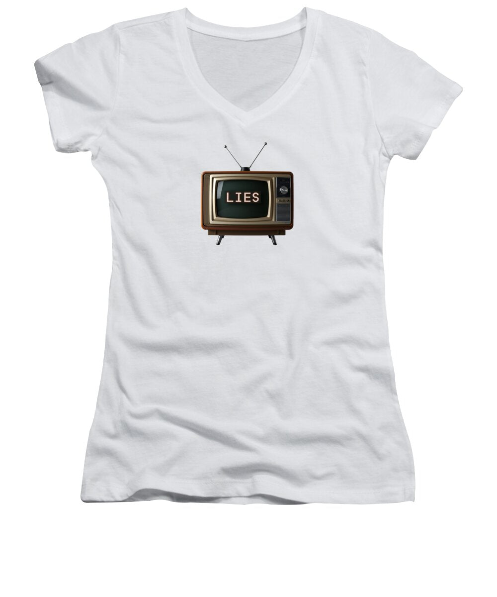 Women's white V-neck T-shirt with TV screen graphic on front