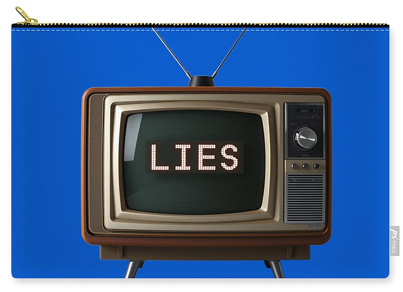 Blue zip pouch with gold zipper and centered TV-style screen displaying “LIES”