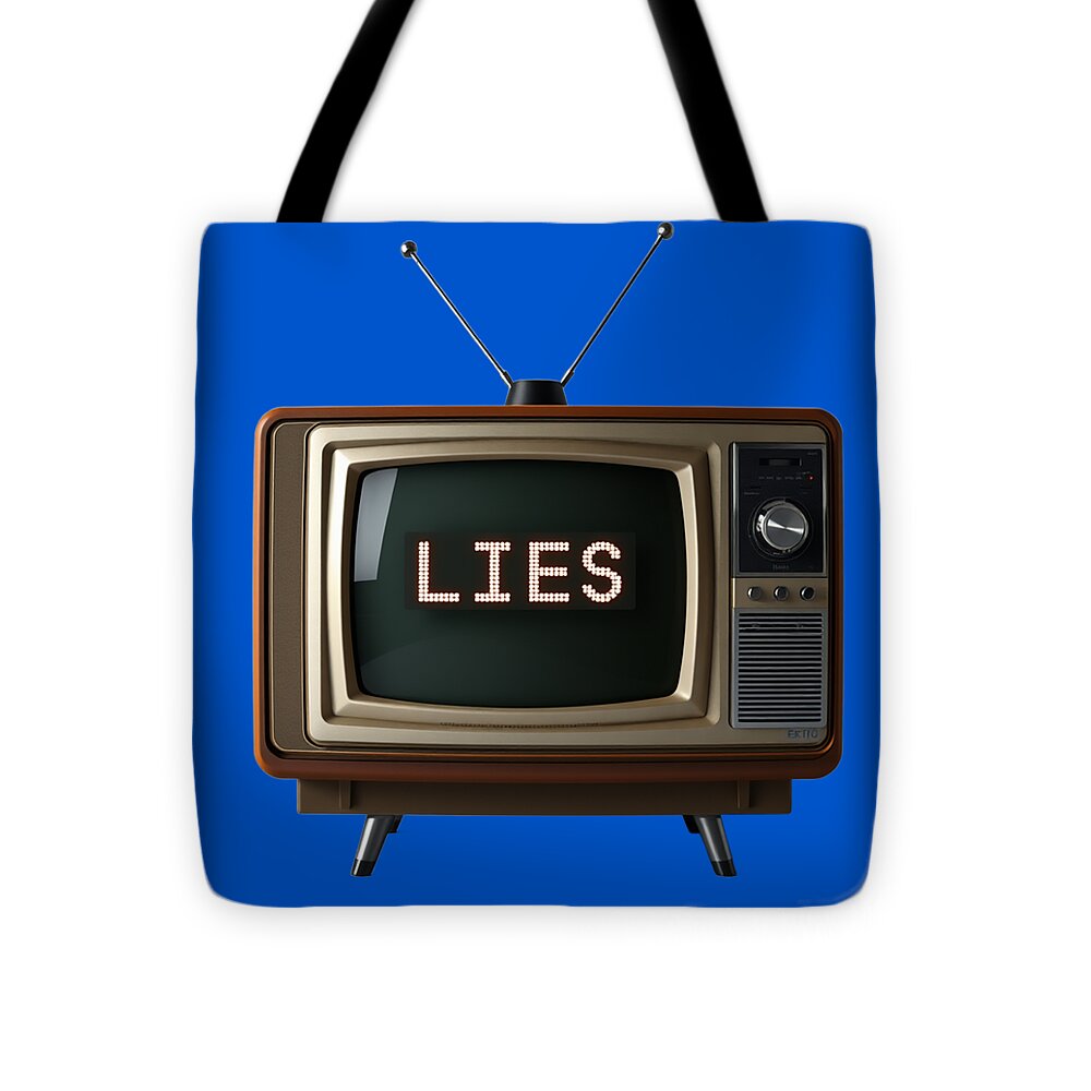Blue tote bag with black handles, TV graphic showing “LIES” in center screen.