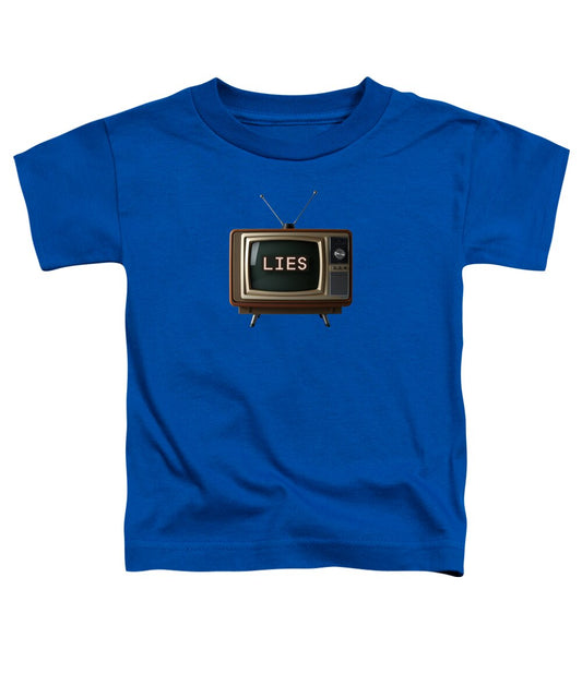 Royal blue toddler t-shirt with front graphic of a TV screen reading “LIES”