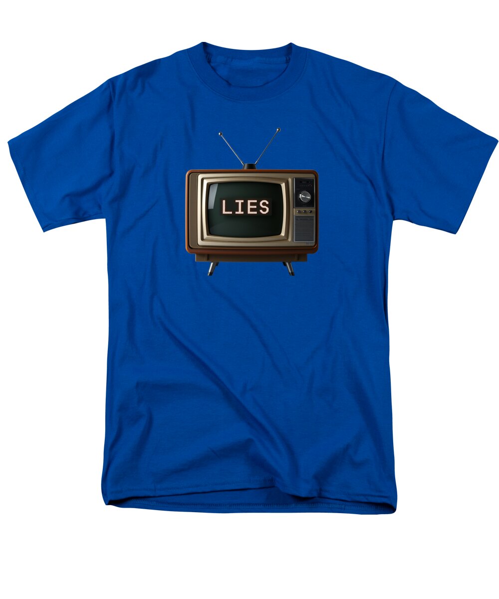 Men's T-shirt in royal blue with front TV graphic and “LIES” text