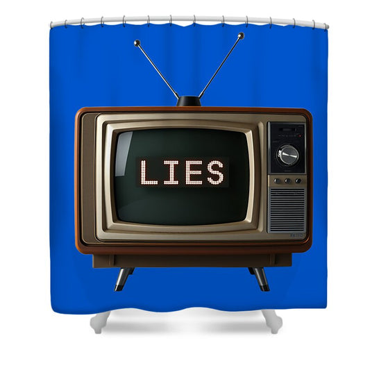 Blue shower curtain with vintage TV graphic and the word "LIES"