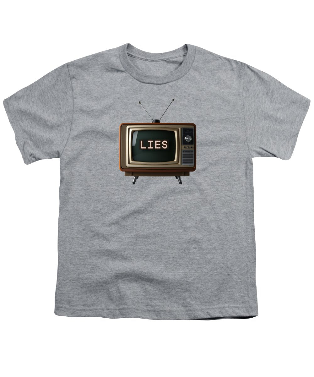 Heather gray youth T-shirt with "LIES" TV graphic on front