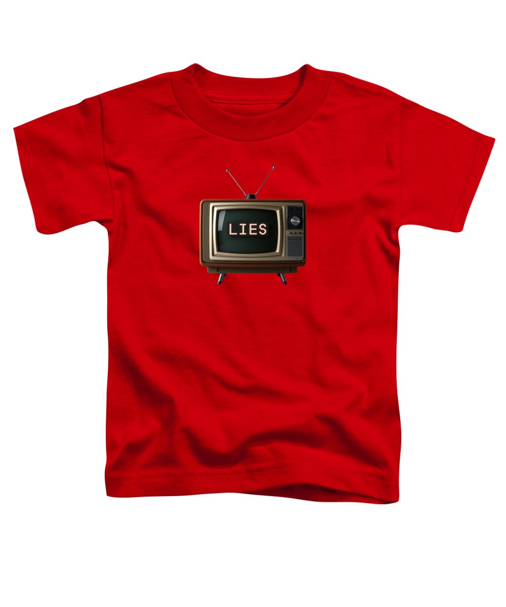 Red toddler t-shirt with TV graphic and 'LIES' text