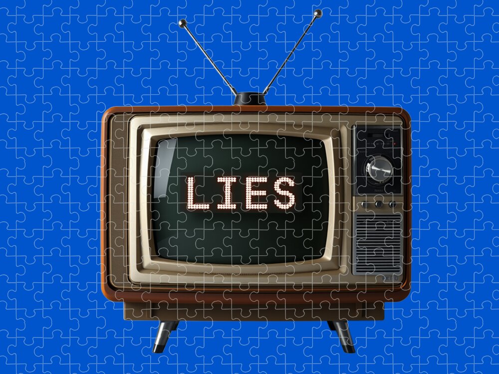 TV-shaped jigsaw puzzle showing 'LIES' screen and right-side control panel details