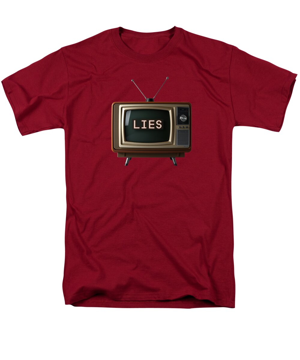 Men's T-shirt in red with front TV graphic and “LIES” text