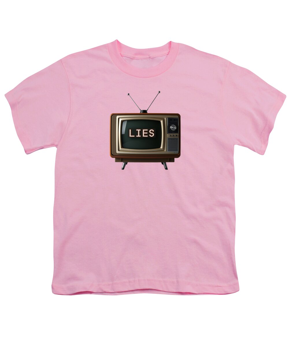 Youth T-shirt in pink with a TV graphic and the word “LIES” on the chest