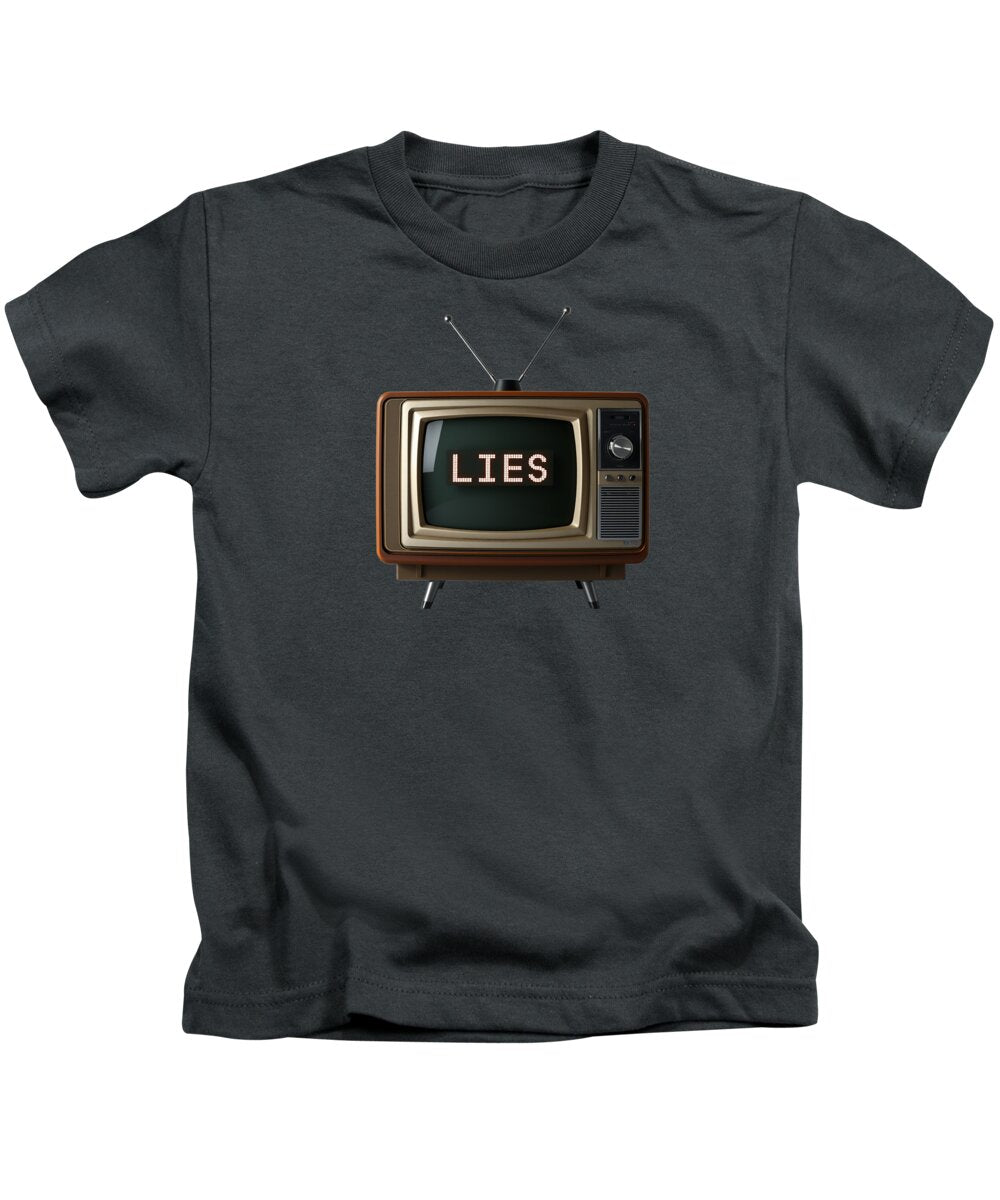 Kids T-shirt, dark gray, front graphic of retro TV with “LIES”