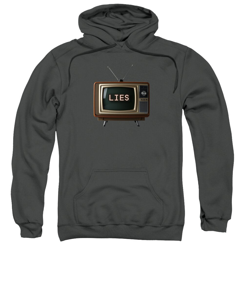 Charcoal gray hoodie sweatshirt with front pocket and TV “LIES” graphic