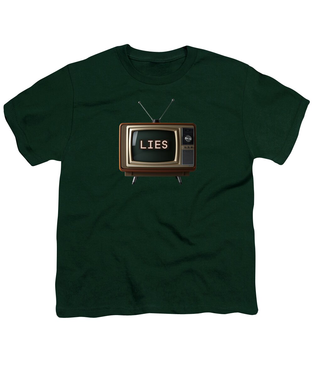 Hunter green youth T-shirt with "LIES" TV graphic on front